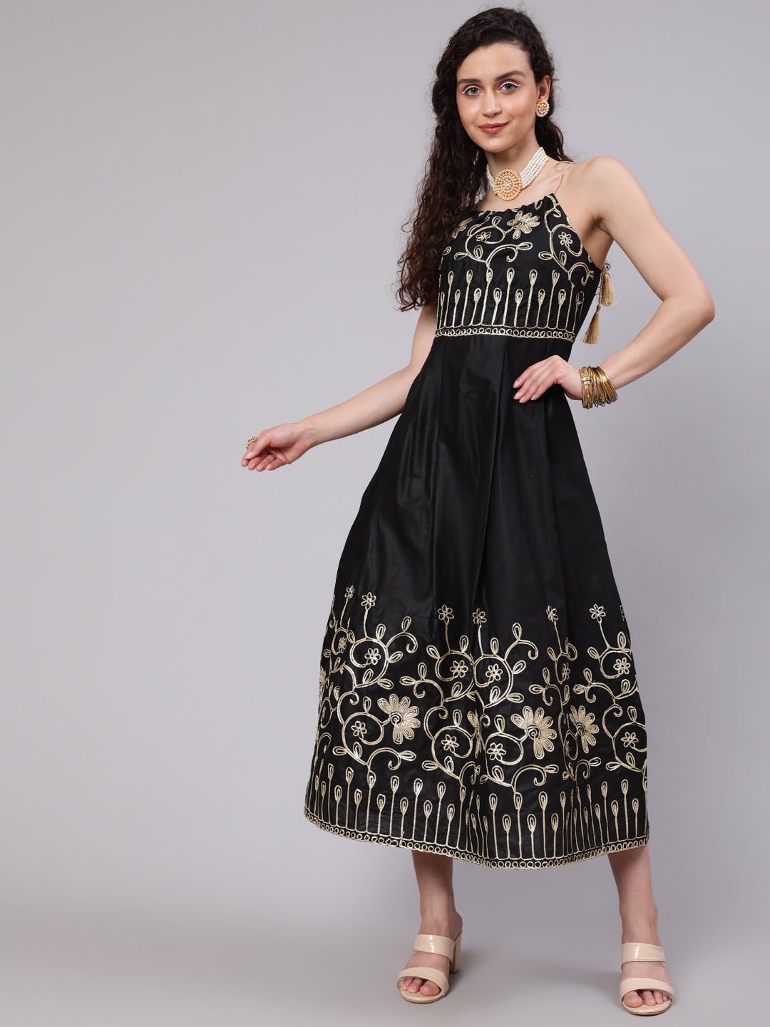 Women's Black Gota Embroidered Maxi Dress  - Aks