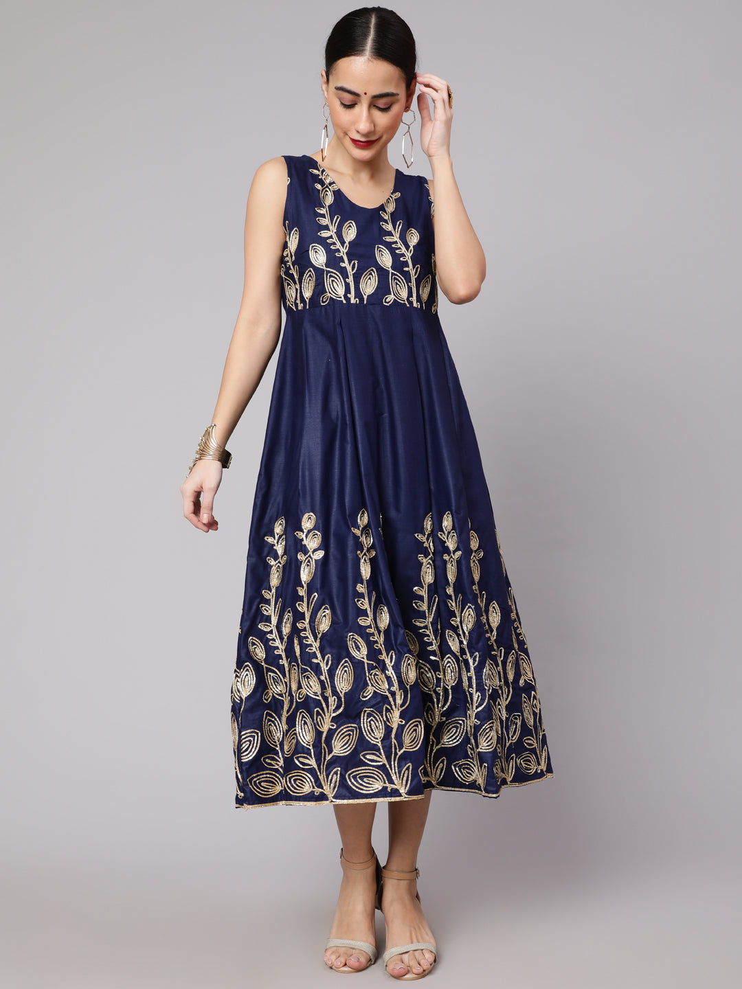 Women's Navy Blue Gota Embroidered Dress  - Aks