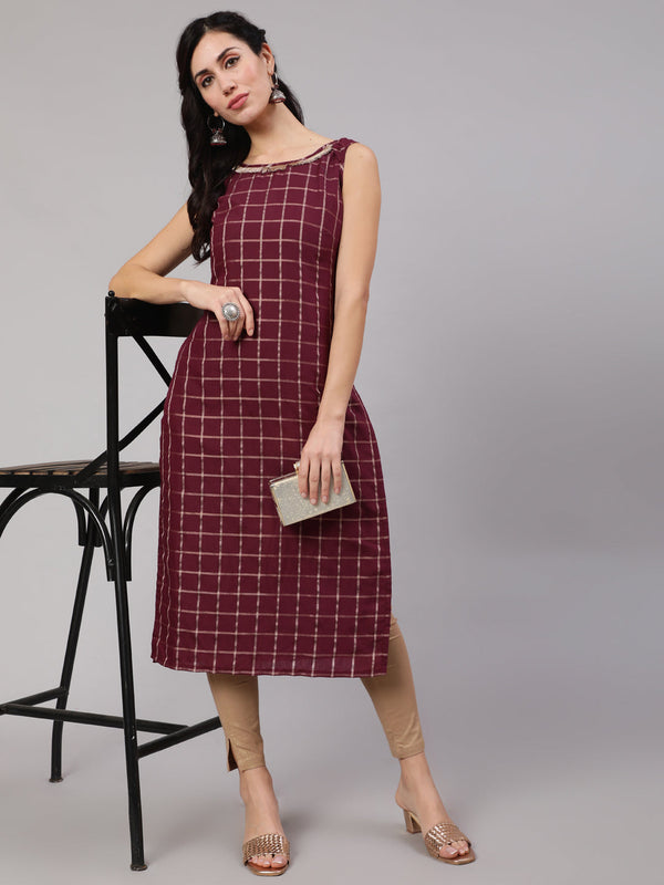 Women's Burgundy Checked Kurta With Lace Details - Aks