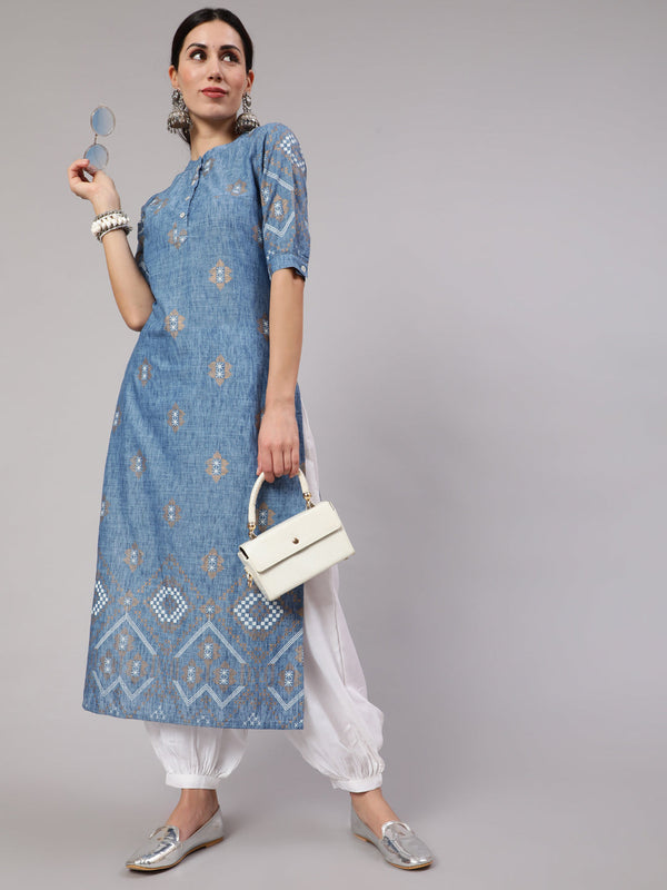 Women's Blue Printed Long Kurta - Aks