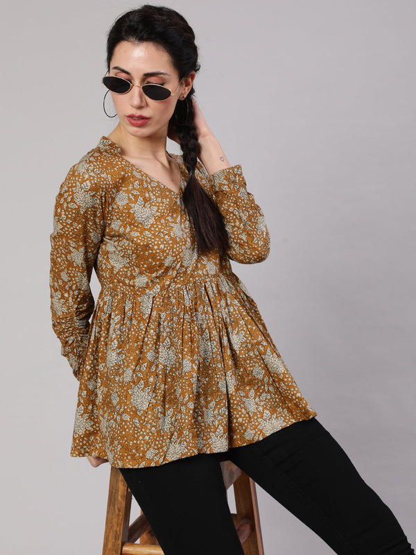 Women's Mustard Floral Printed Gathered Tunic - Aks