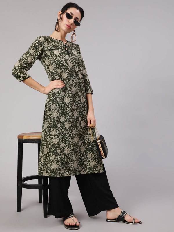 Women's Green Foral Print Straight Kantha Work Kurta - Aks