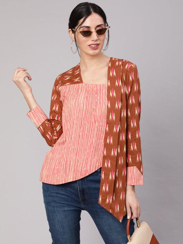 Women's Brown Ikat Print Layered Top - Aks