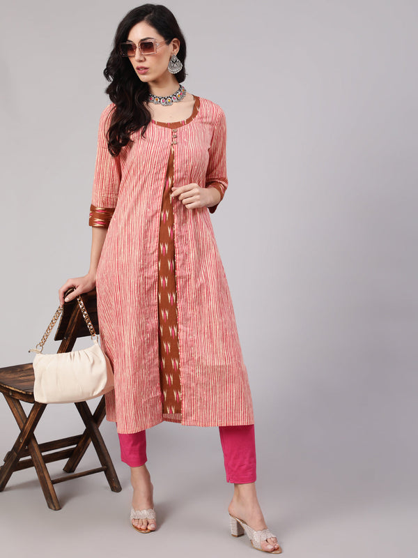 Women's Brown Ikat Print Kurta With Striped Jacket - Aks