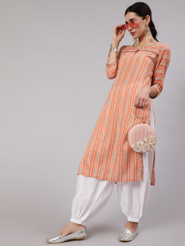 Women's Peach Striped Straight Kurta - Aks