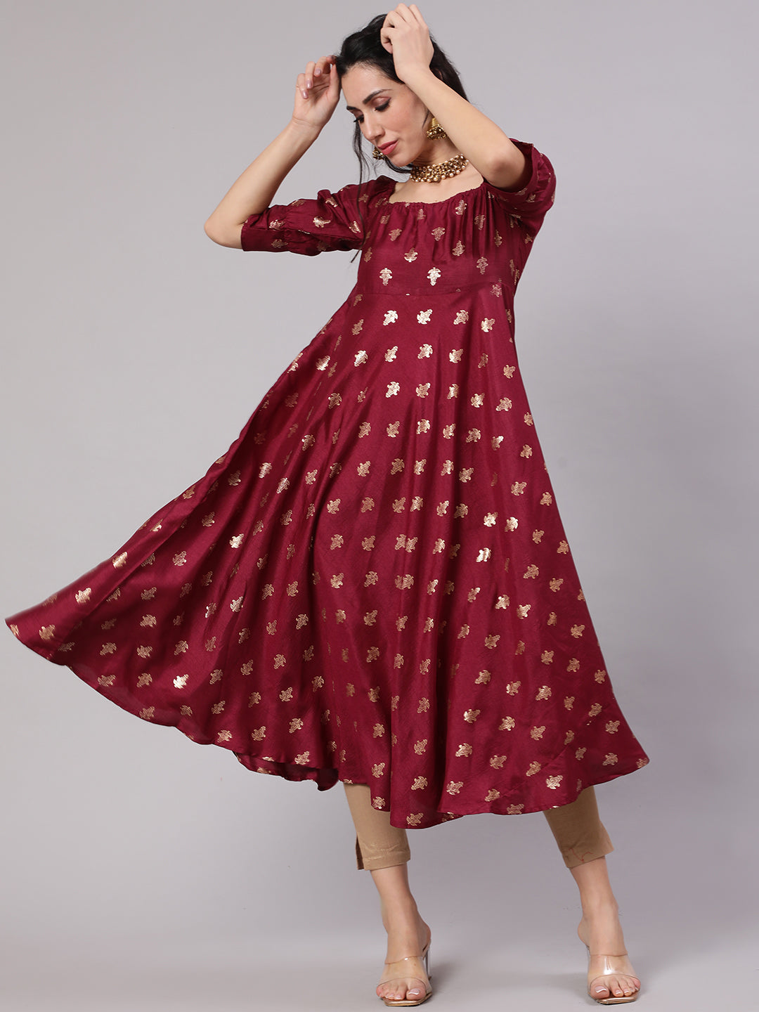 Women's Maroon Gold Foil Printed Flared Anarkali  - Aks