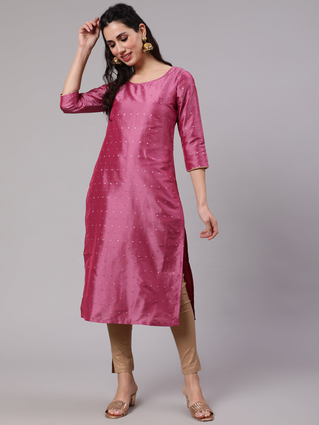 Women's Pink Dobby Wowen Design Straight Kurta - Aks