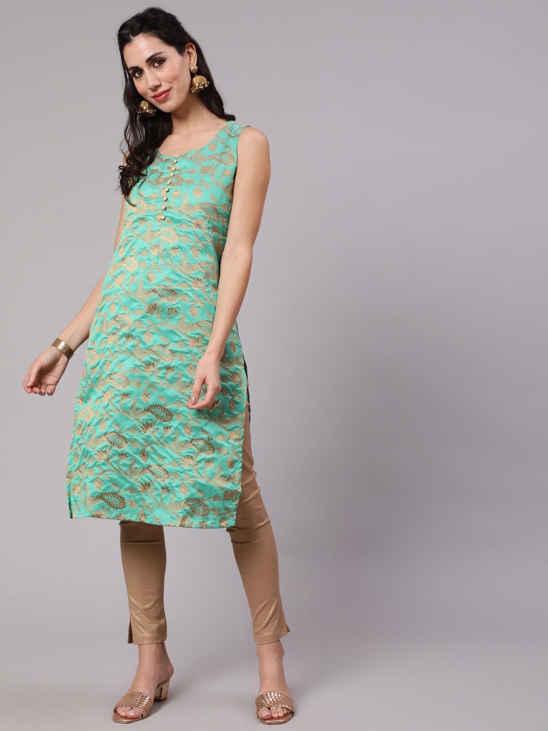 Women's Green & Gold Jacquard Zari Work Straight Kurta - Aks