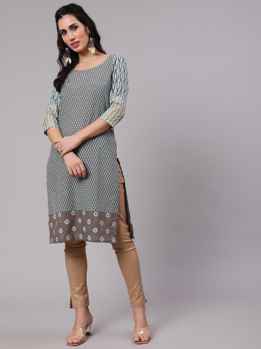 Women's Grey & Blue Printed Straight Kurta  - Aks