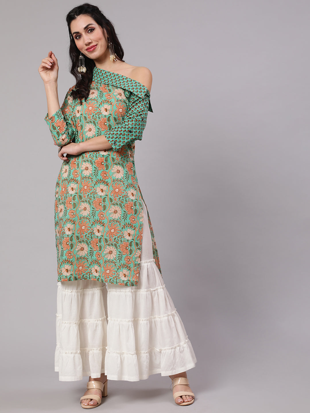 Women's Green Floral Printed One Shoulder Straight Kurta - Aks