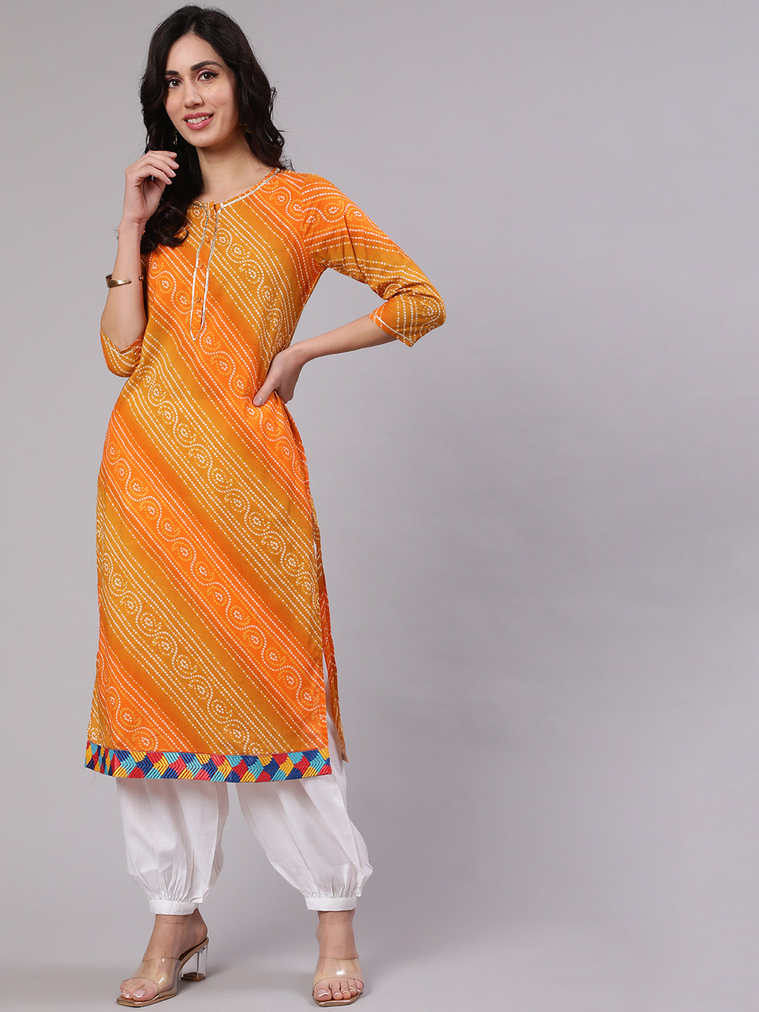 Women's Mustard & Orange Bandhani Printed Straight Kurta With Lace Detail - Aks