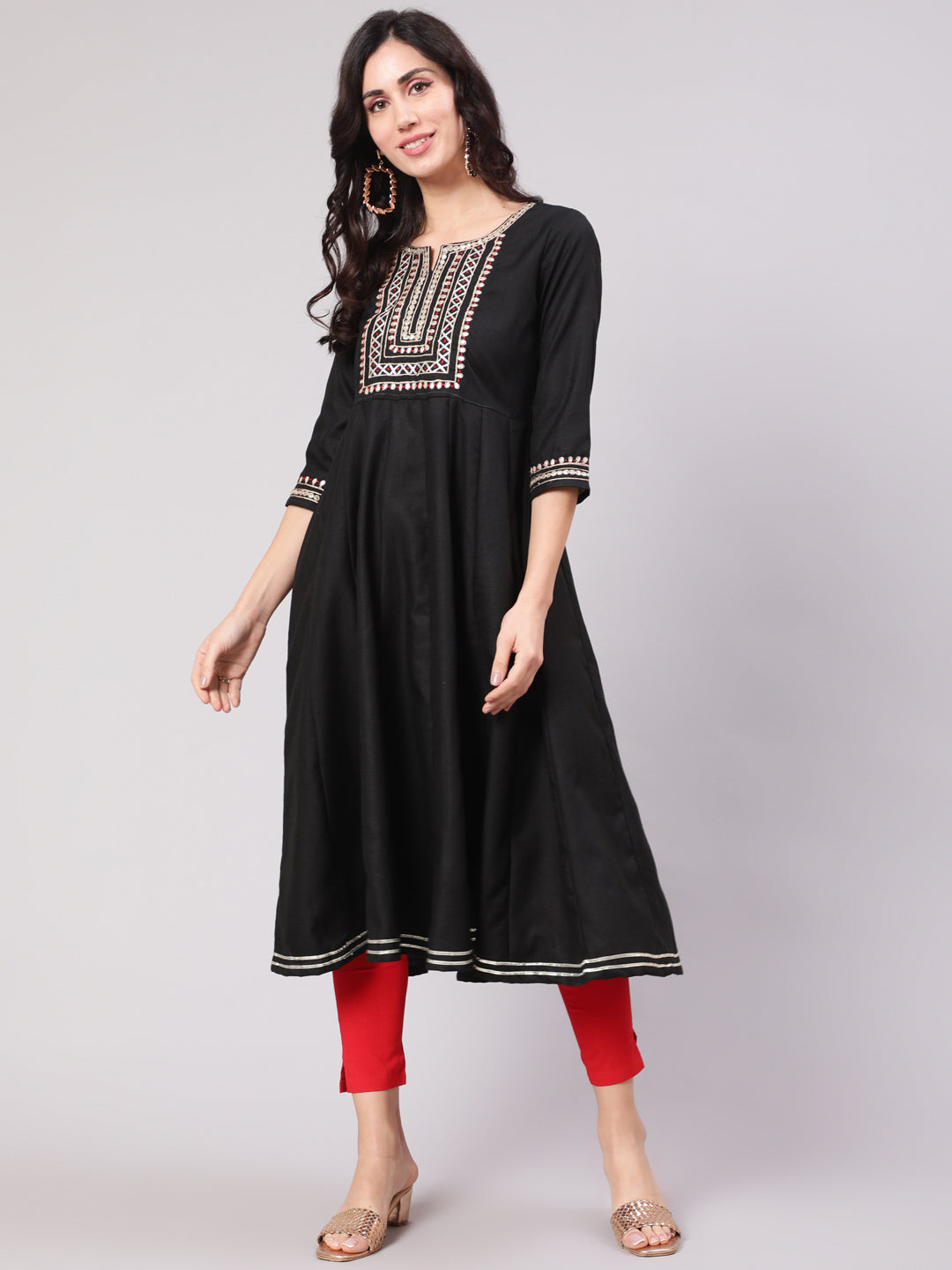 Women's Black Embroidered Yoke Design Flared Anarkali - Aks