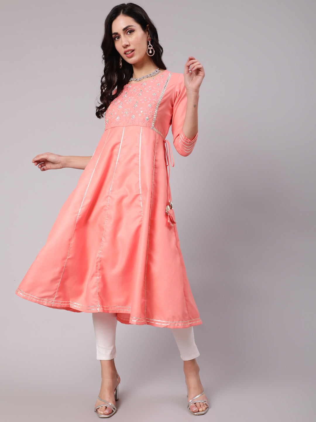 Women's Peach Embroidered Yoke Design Flared Anarkali - Aks