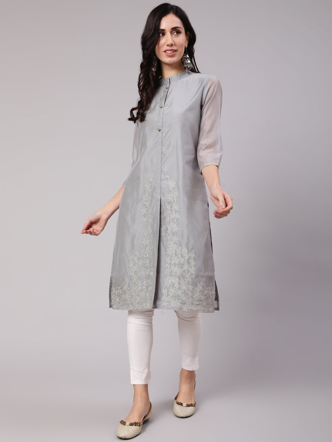 Women's Grey Silver Embroidered Straight Kurta - Aks