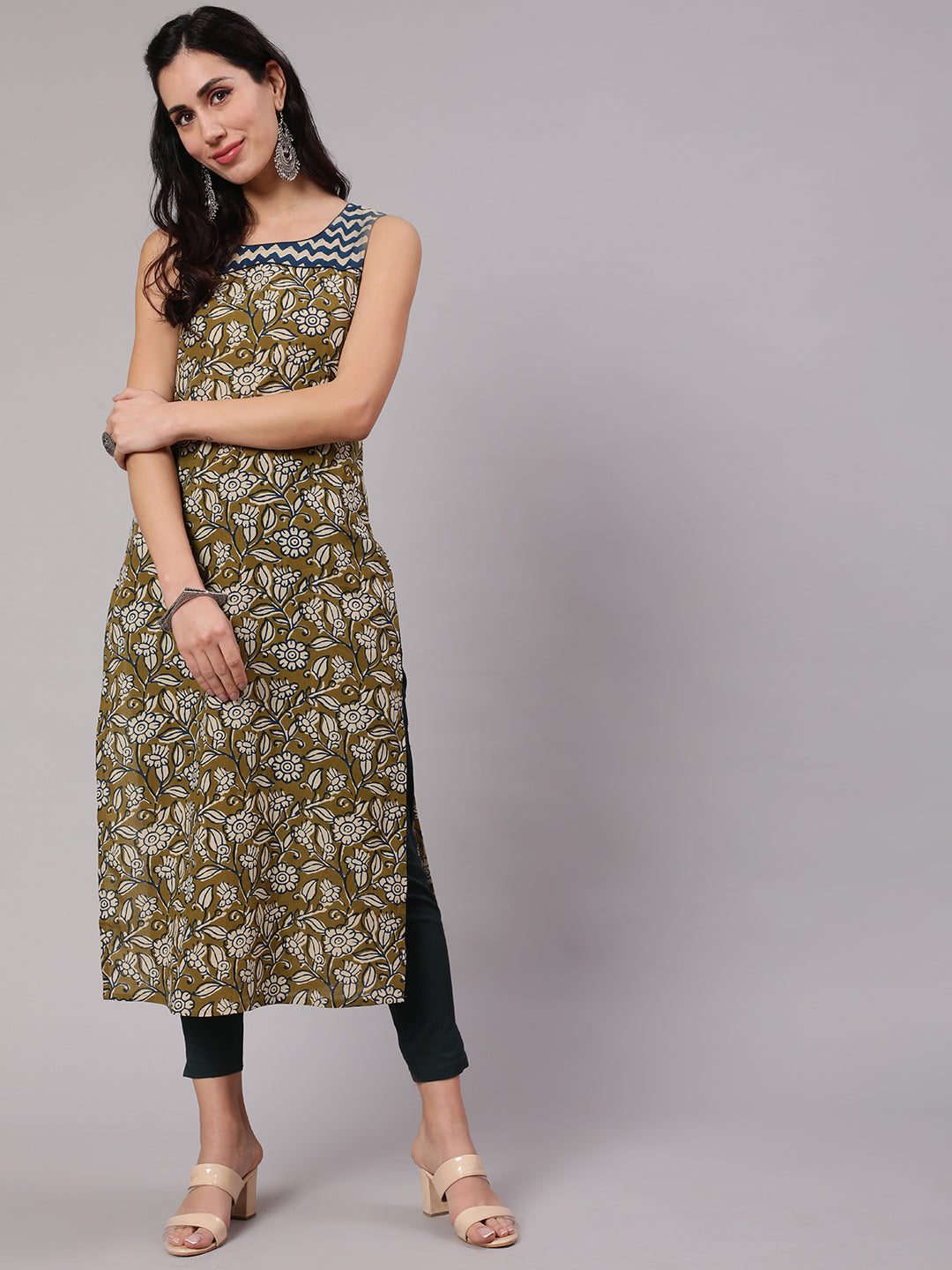 Women's Green & Blue Printed Straight Kurta - Aks