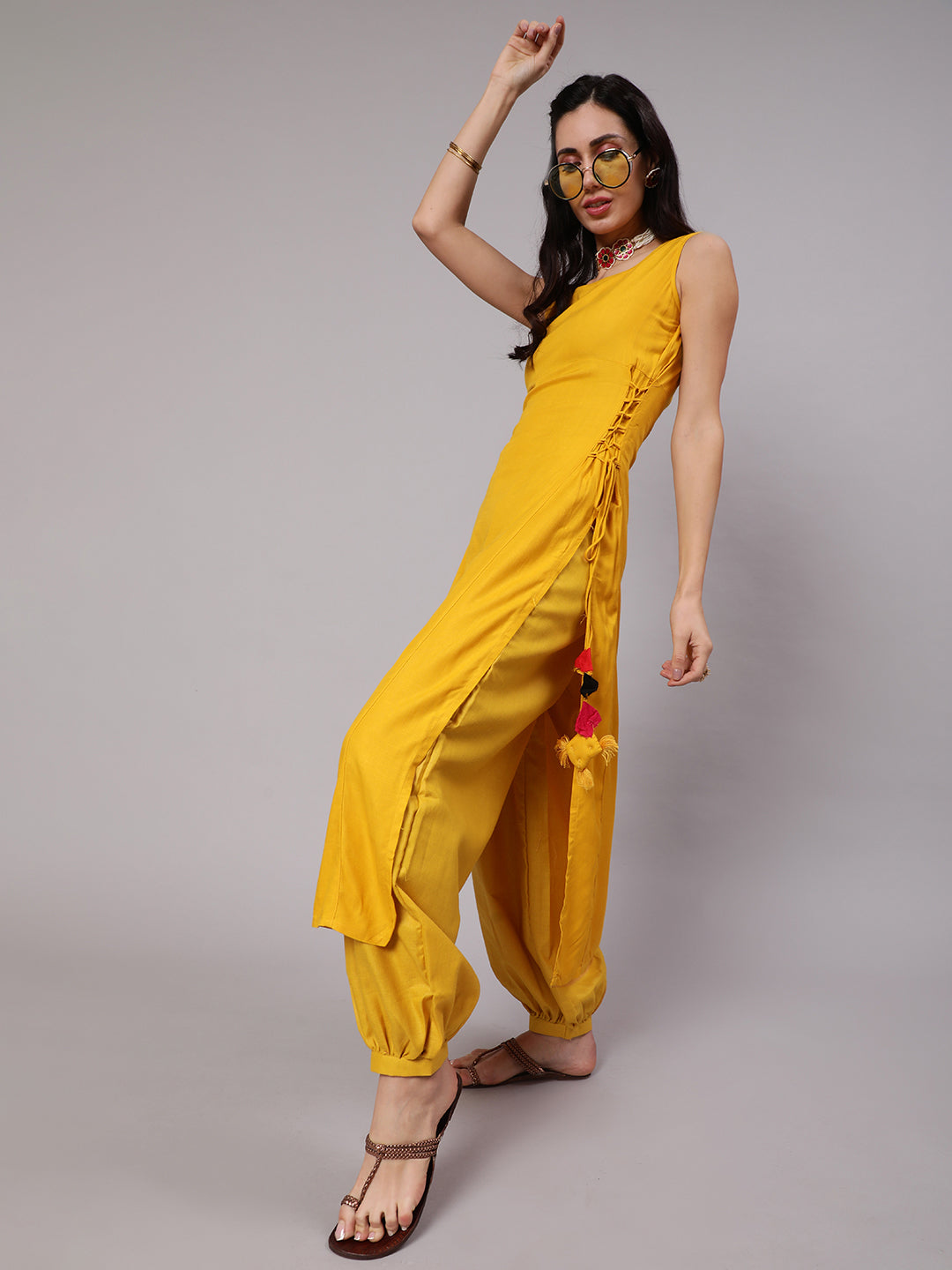 Women's Mustard Solid A-Line Kurta With Tassal Details  - Aks