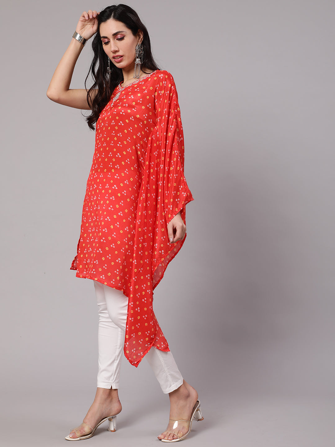 Women's Orange Printed Kurta With Embroidered Detail - Aks