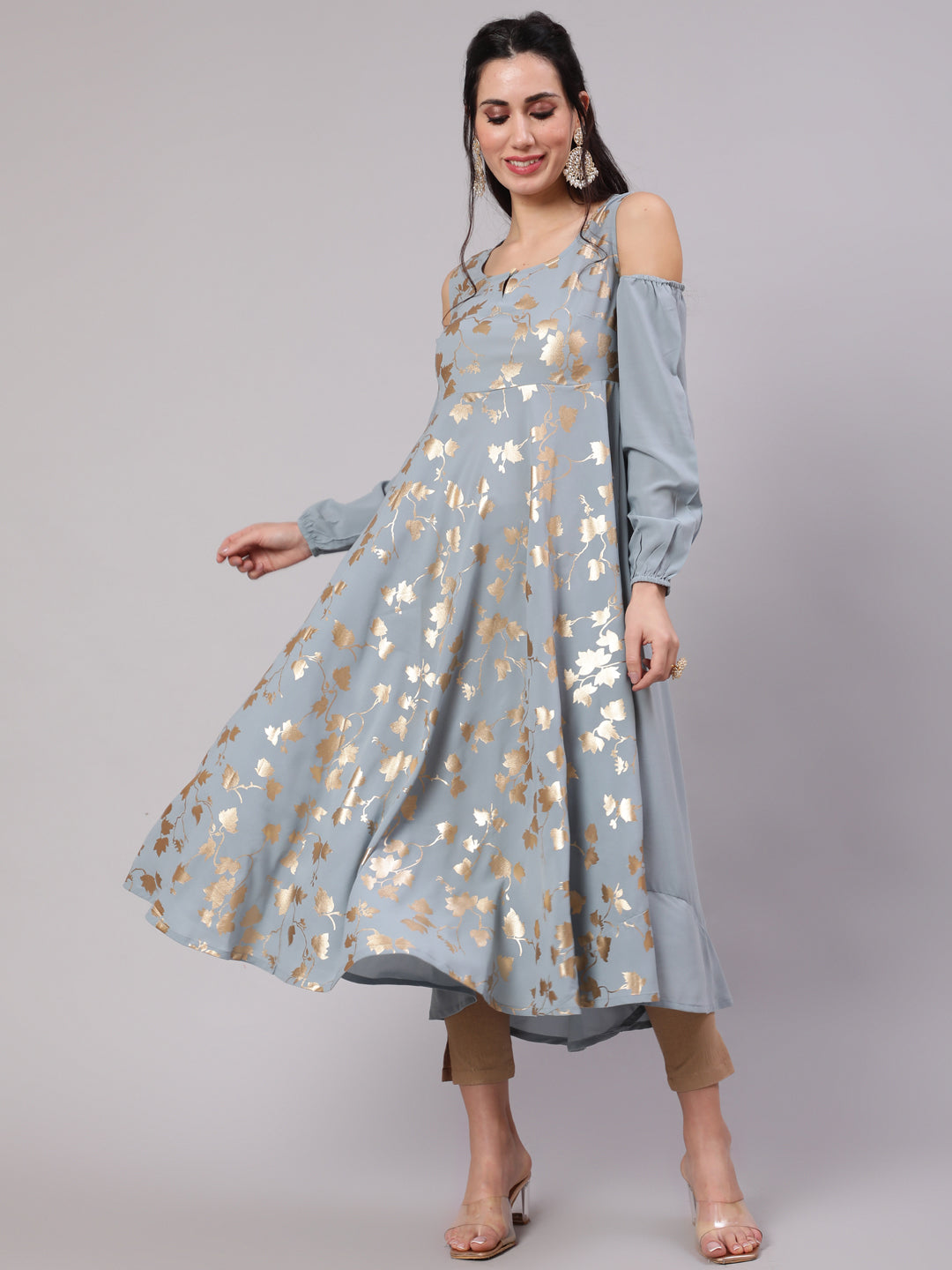 Women's Grey Gold Printed Flared Anarkali  - Aks