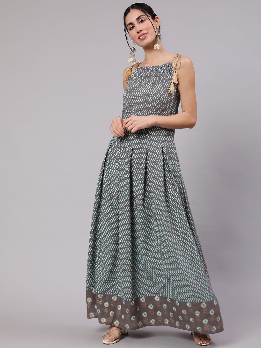 Women's Grey & Blue Gold Printed Maxi Dress - Aks