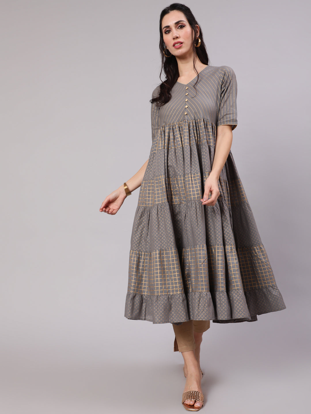 Women's Grey Gold Printed Tiered Anarkali  - Aks