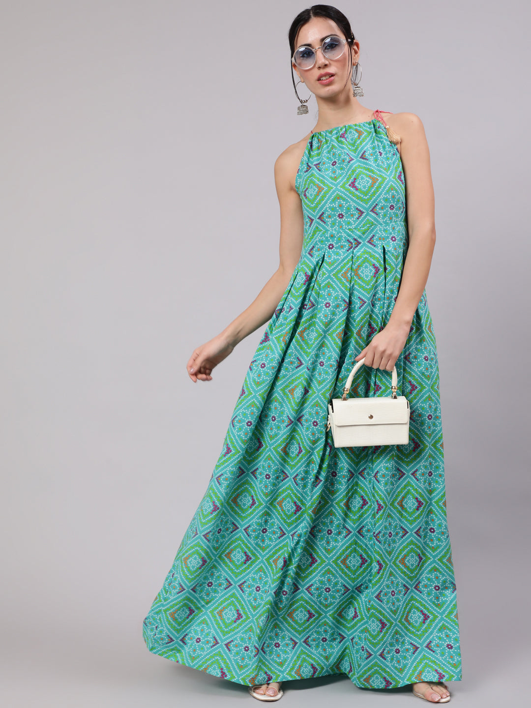 Women's Blue & Pink Bandhani Printed Box Pleated Maxi Dress - Aks