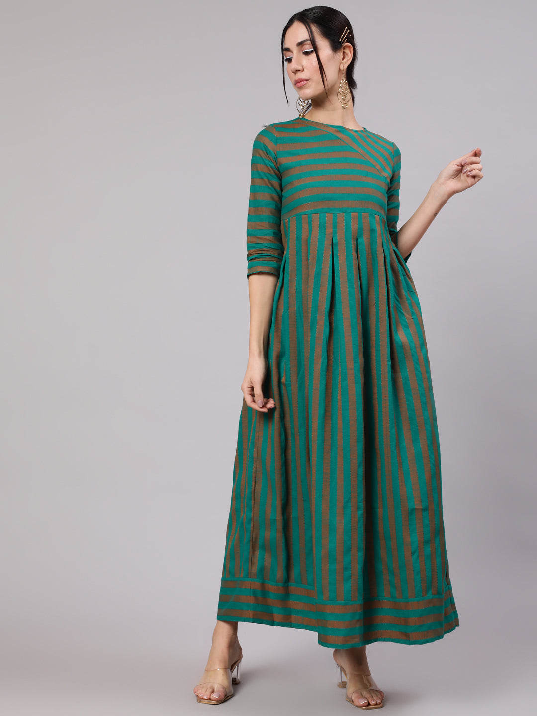 Women's Green & Orange  Stripe Print Box Pleated Maxi Dress - Aks