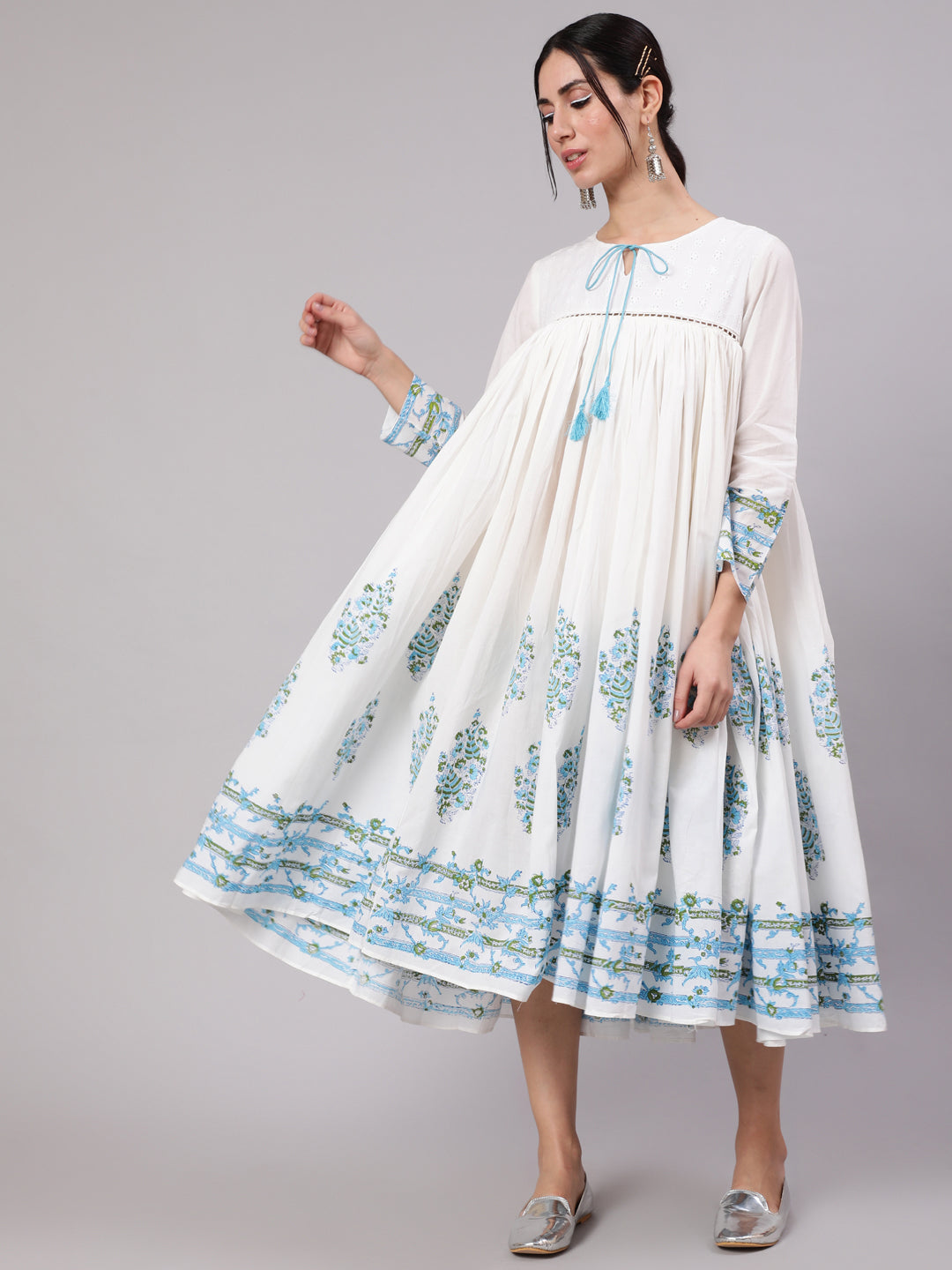 Women's White & Blue Floral Printed Flared Dress - Aks