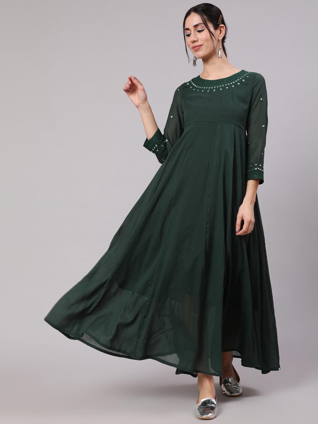 Women's Green Mirror Work Flared Maxi Dress - Aks