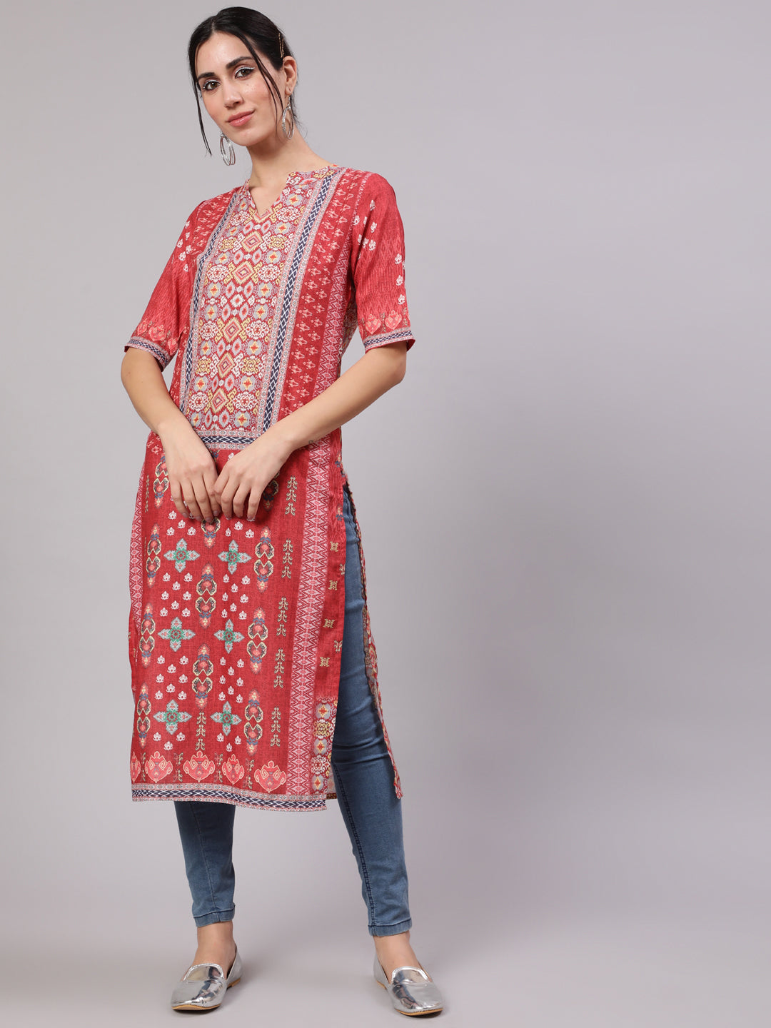 Women's Red Digital Printed Straight Kurta - Aks