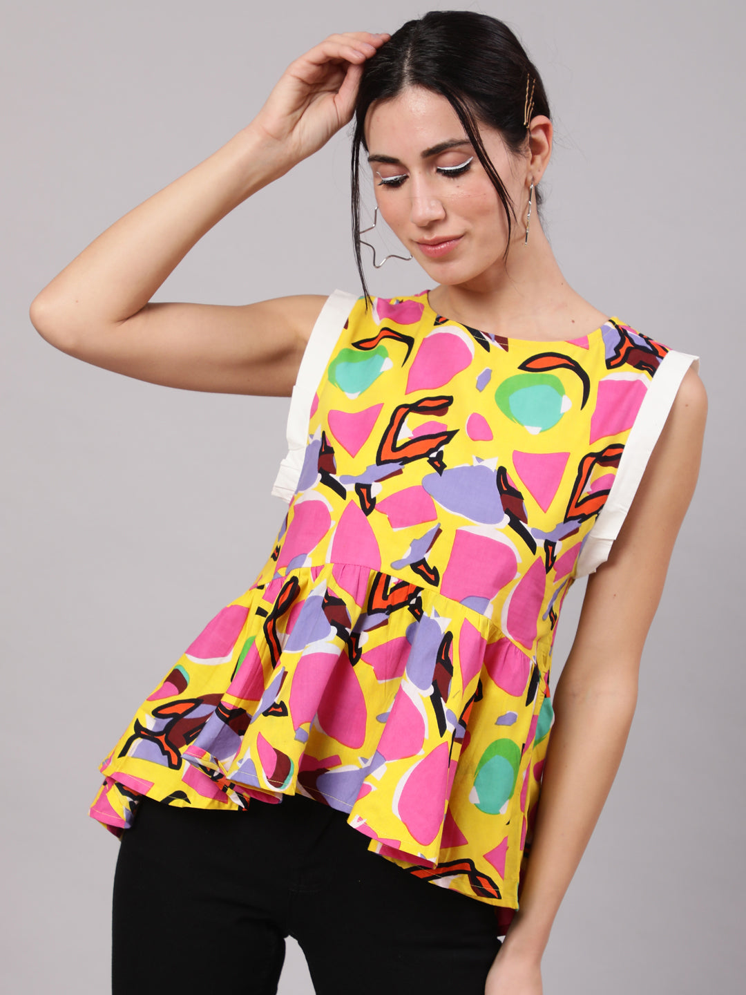 Women's Multi Colour Printed Top With Gathered Detail - Aks