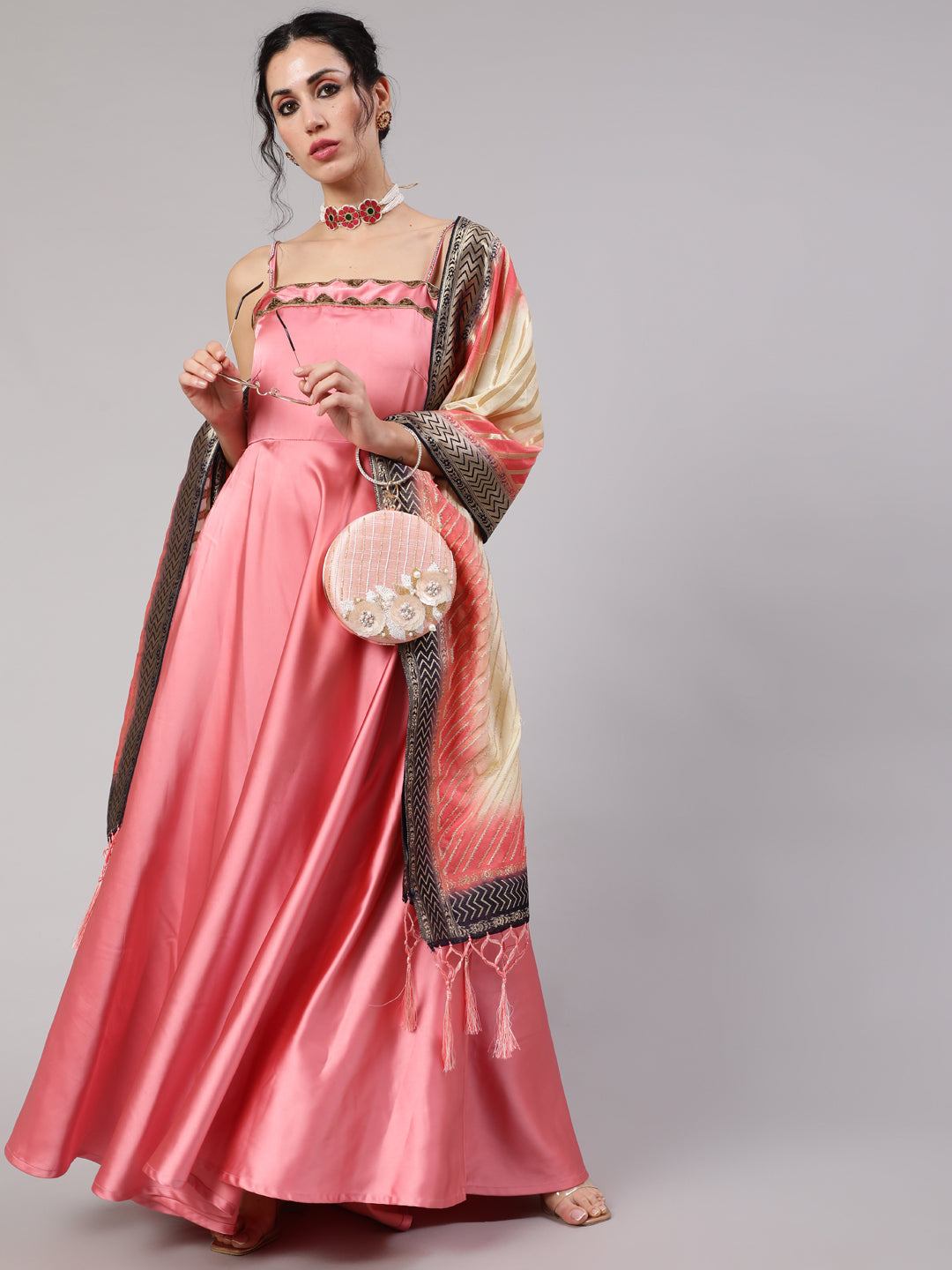 Women's Mauve Solid Flared Maxi With Dupatta - Aks