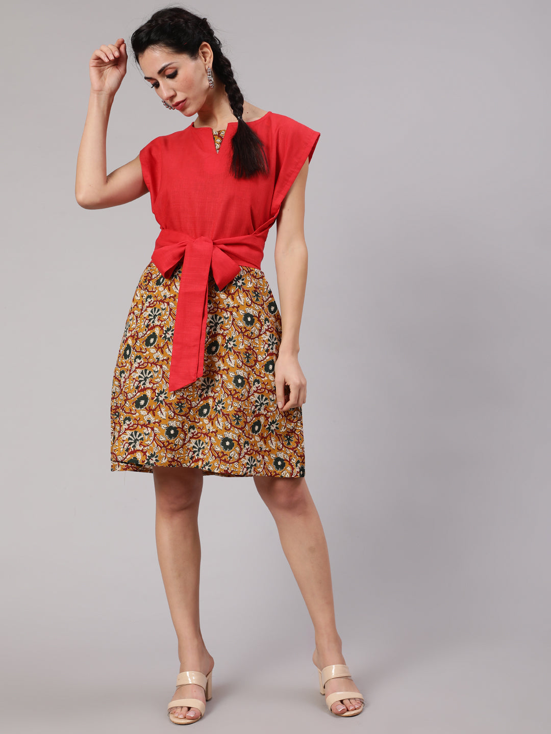 Women's Mustard Kalamkari Floral Printed Shift Dress With Red Solid Tie-Up Top - Aks