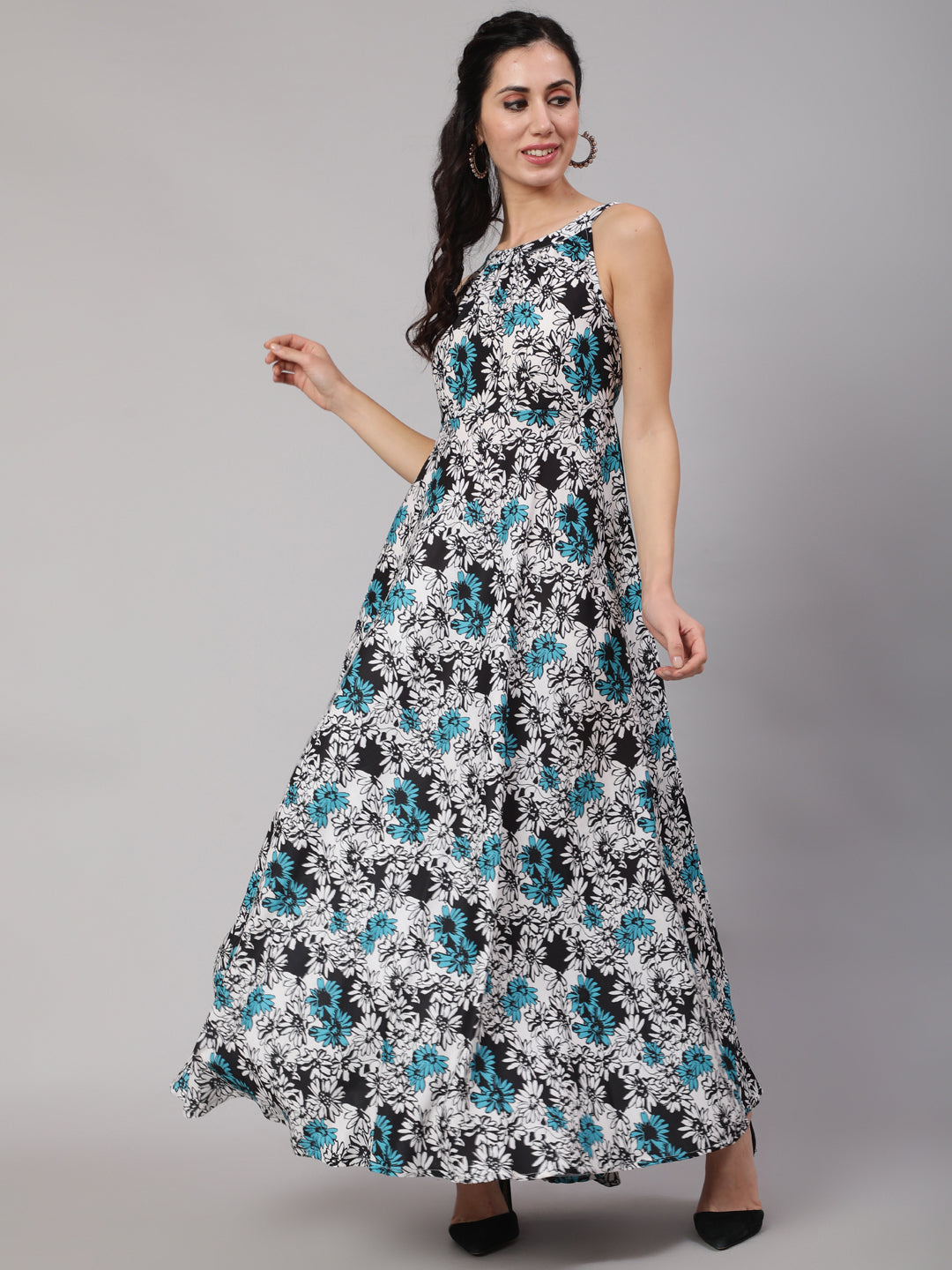 Women's Blue & White Floral Printed Maxi Dress - Aks