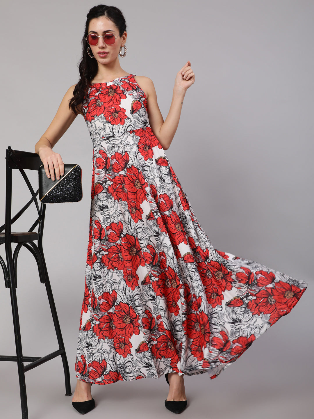 Women's Red & White Floral Printed Maxi Dress - Aks