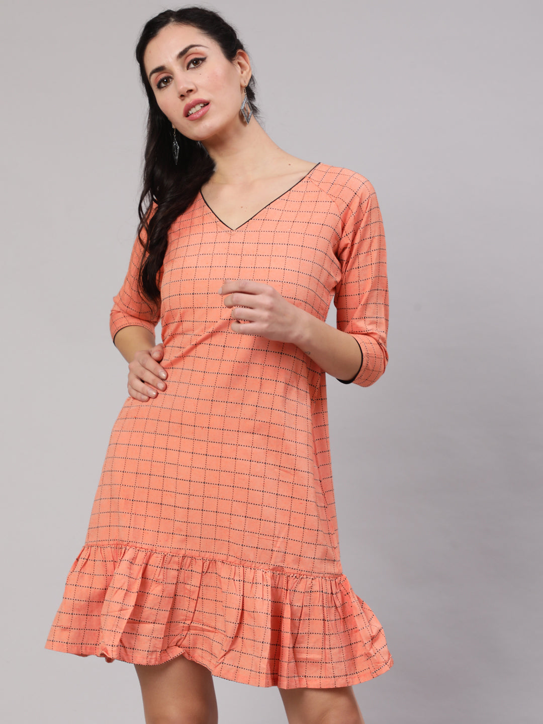 Women's Peach Woven Design Dress - Aks