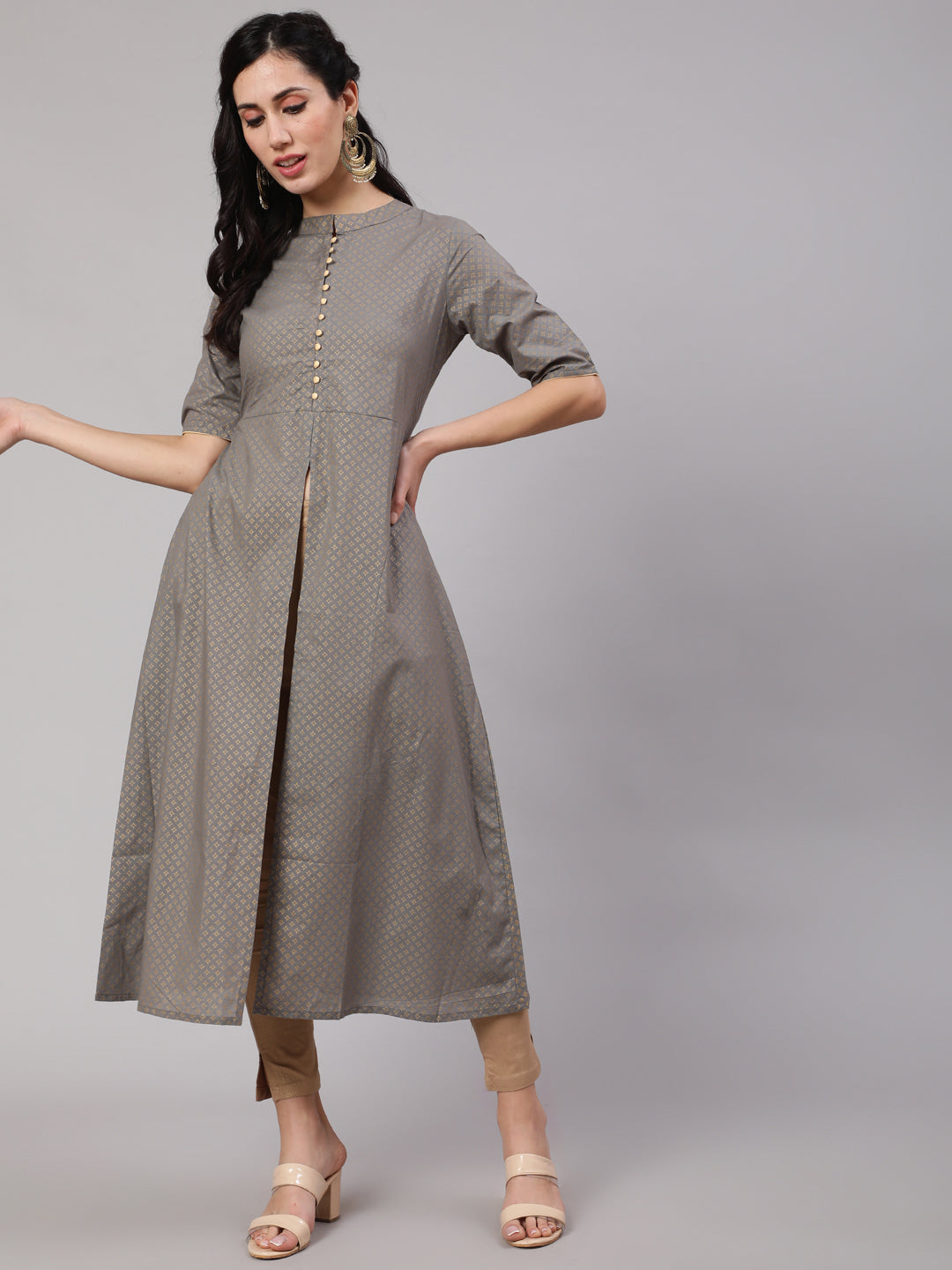 Women's Grey Gold Printed A-Line Kurta - Aks