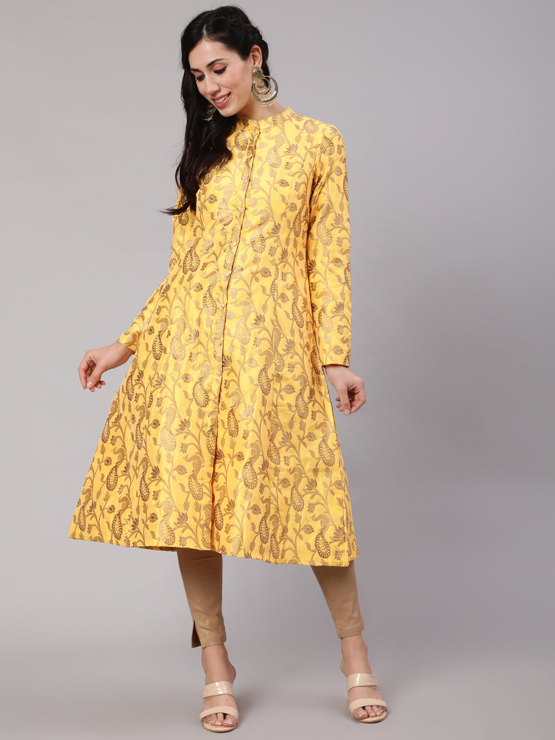 Women's Yellow & Gold Jacquard Zari Work Button Down A-Line Kurta  - Aks