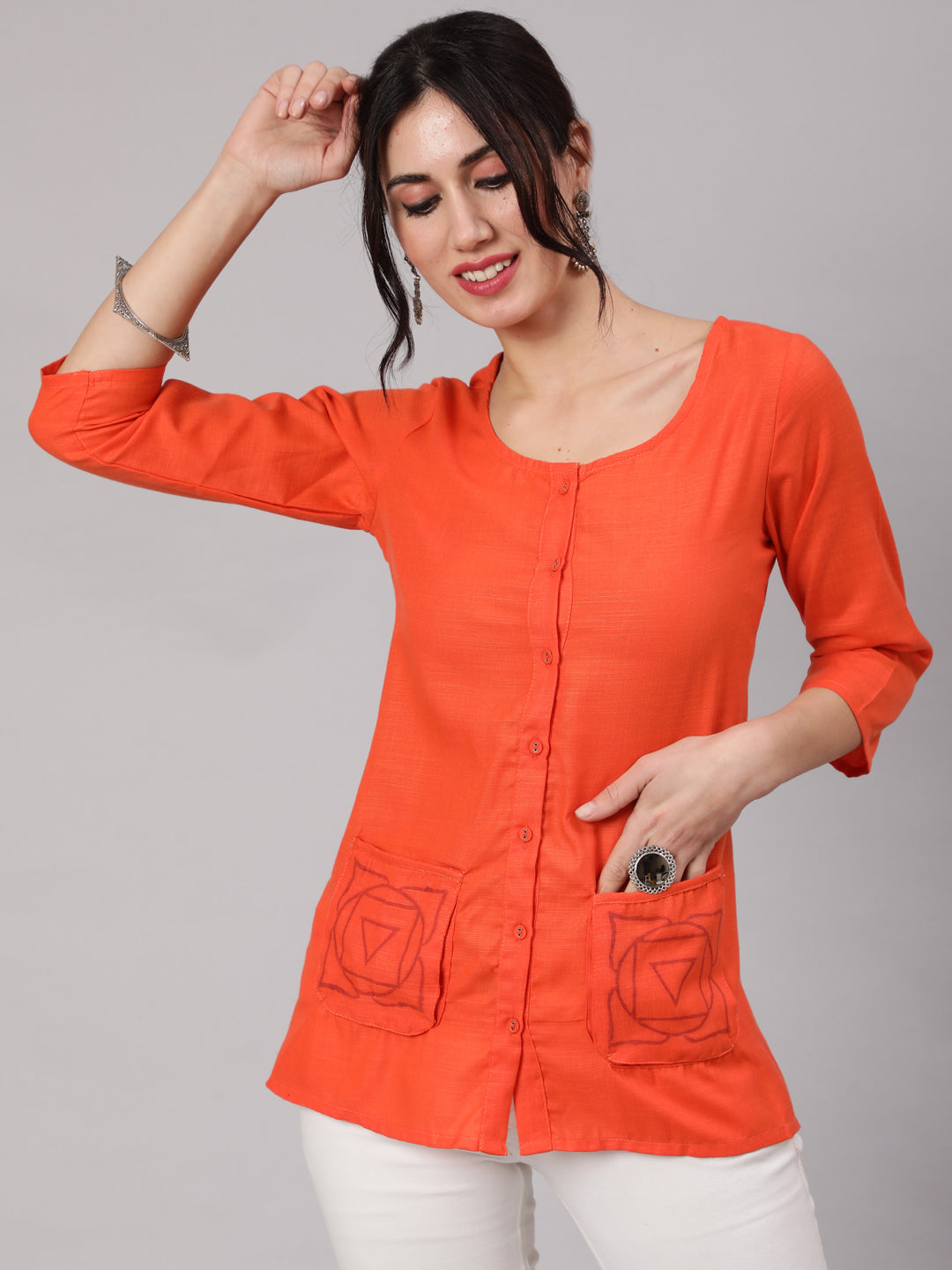 Women's Orange Solid Short Jacket - Aks