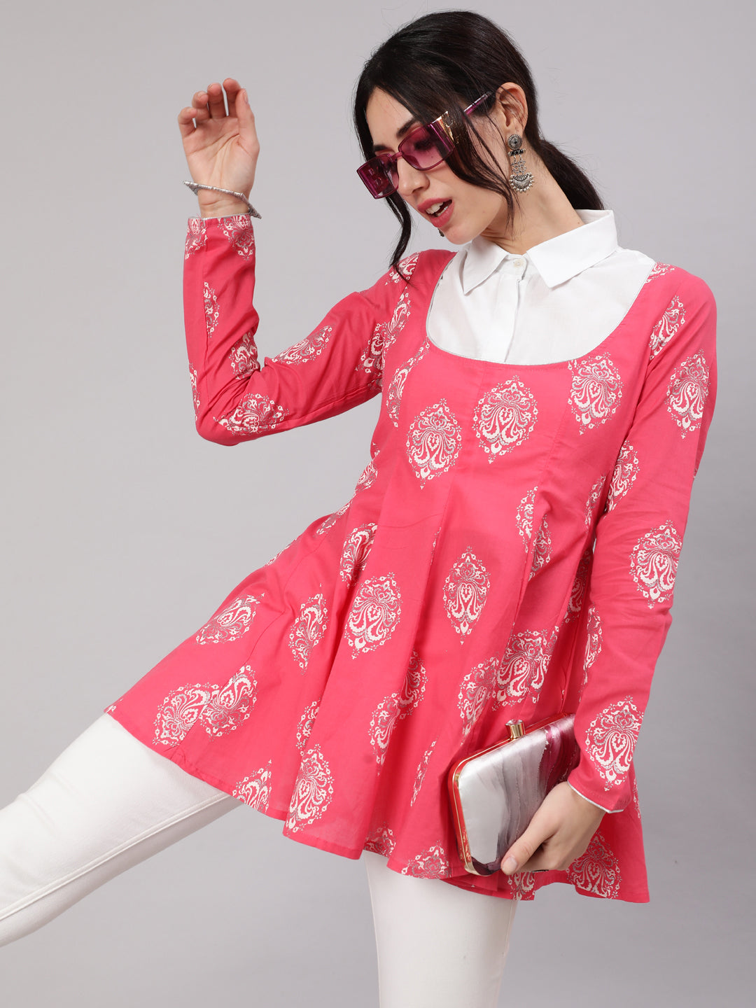 Women's Pink & WhitePrinted Tunic - Aks