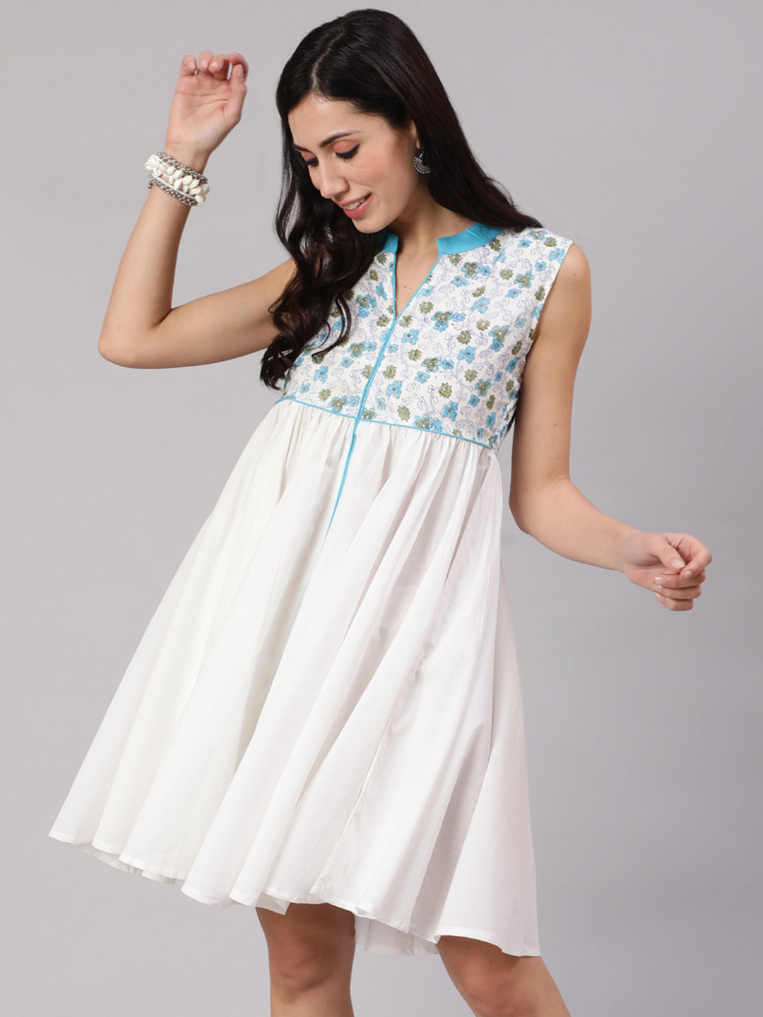 Women's White & Blue Hand Block Printed Short Dress - Aks