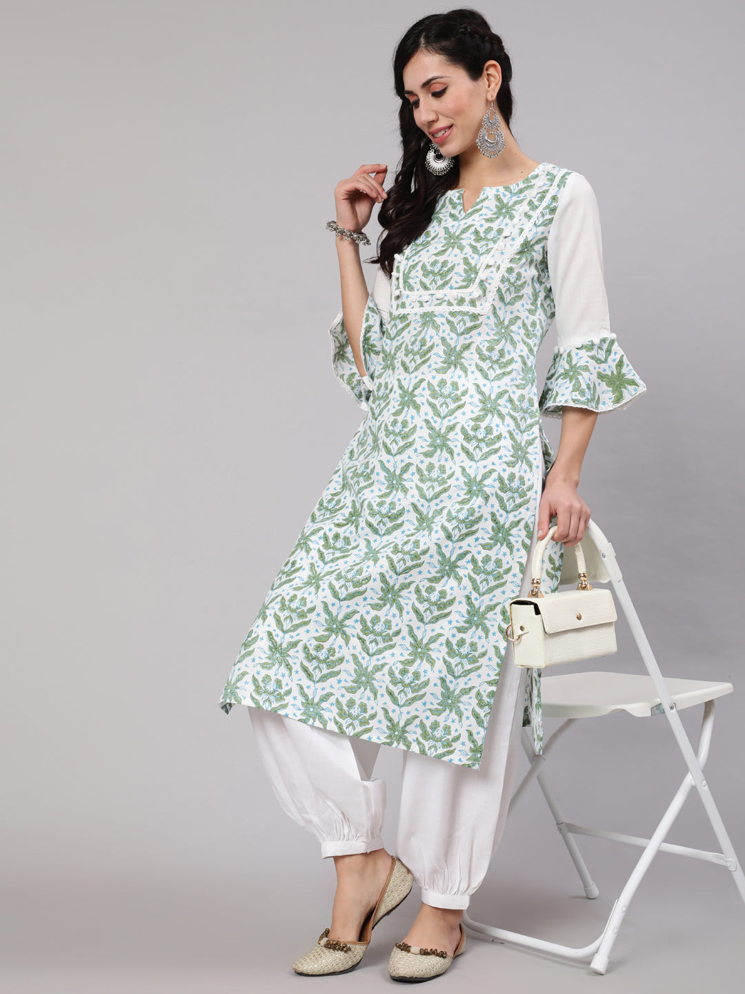 Women's White & Green Hand Block  Printed Straight Kurta  - Aks