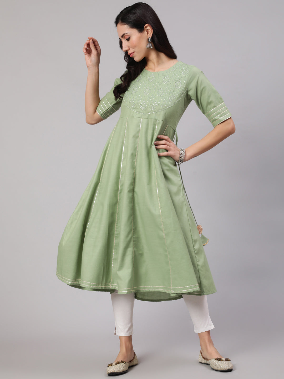 Women's Green Embroidered Yoke Design Flared Anarkali - Aks