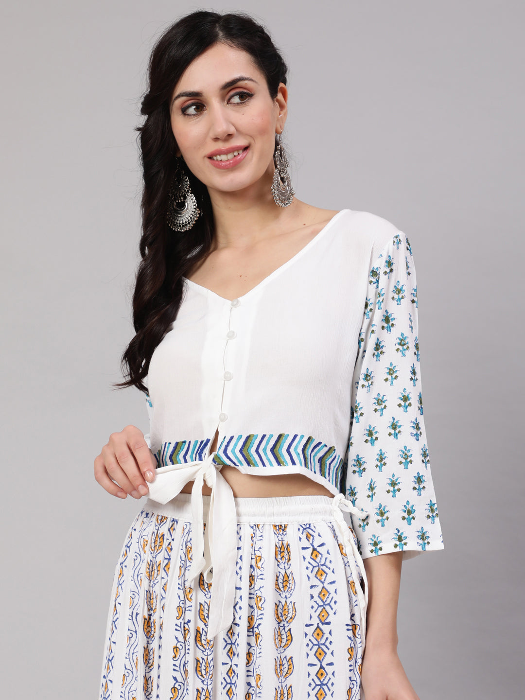 Women's White & Blue Hand Block Printed Top - Aks