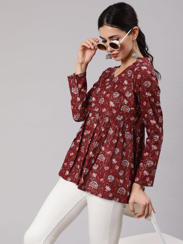 Women's Maroon Printed Gathered Tunic - Aks