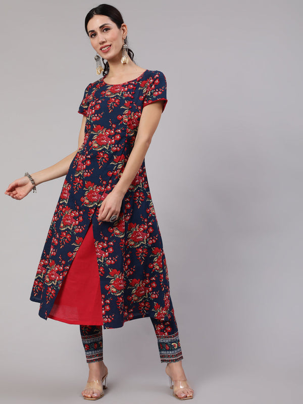 Women's Navy Blue Floral Print Layered A-Line Kurta - Aks