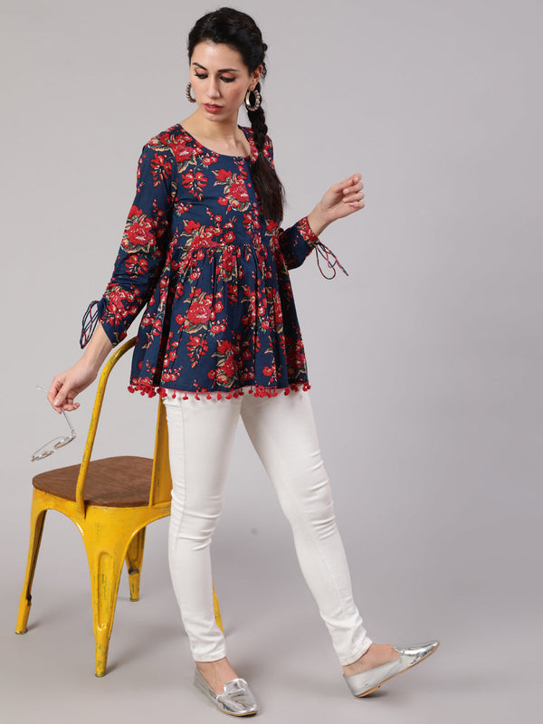 Women's Navy Blue Floral Printed Gathered Tunic - Aks