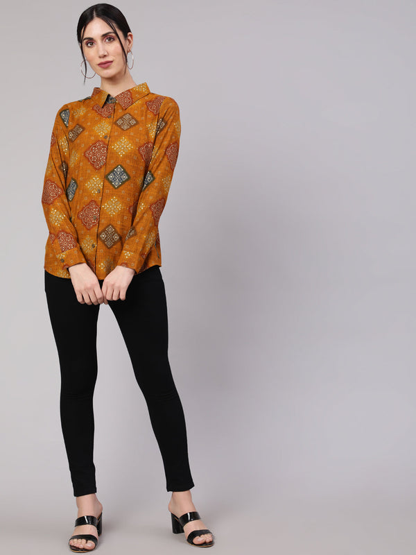 Women's Mustard Bandhani Print Shirt - Aks