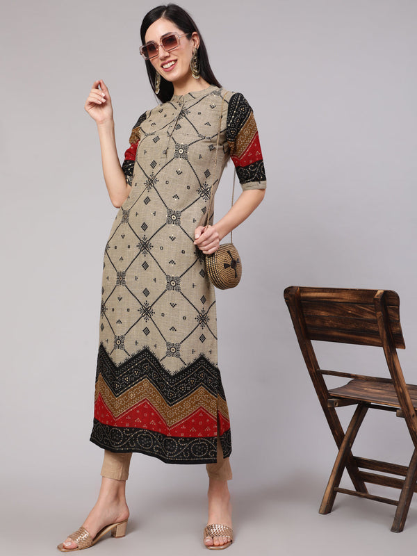 Women's Grey Bandhani Print Long Kurta - Aks