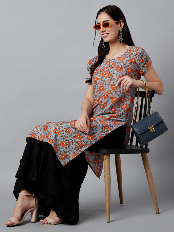 Women's Grey Floral Printed Straight Kurta - Aks