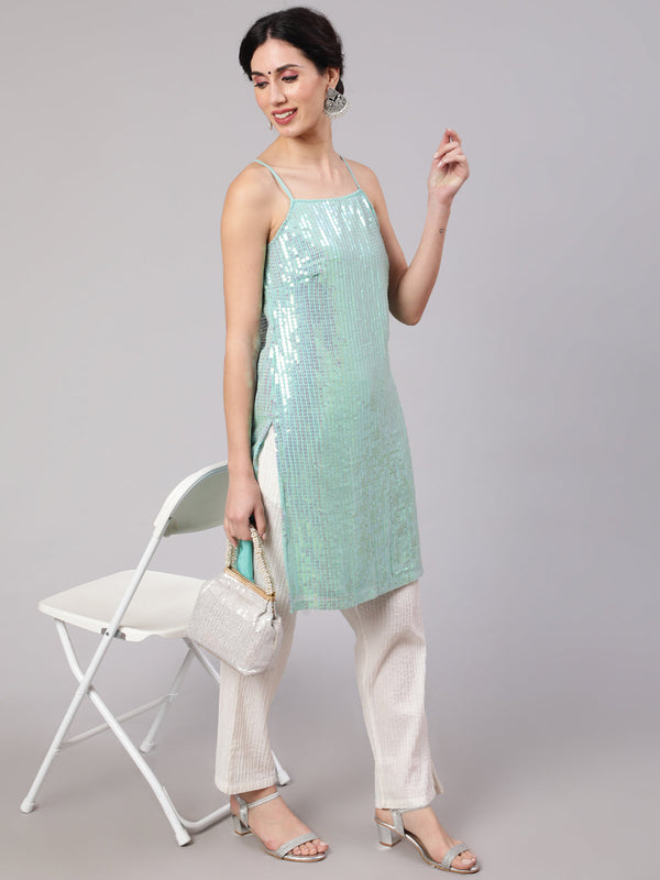 Women's Sea Green Sequin Straight Kurta - Aks